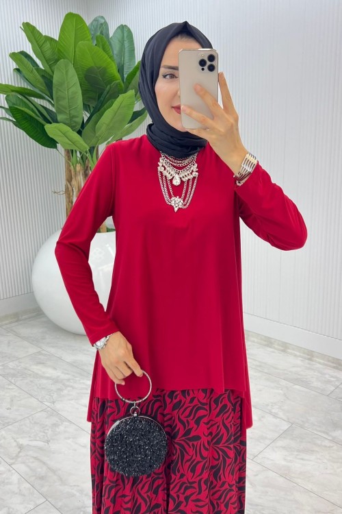 Bordo Su Damlası Etek Takım Tesettür giyim Bordo