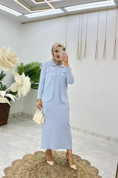 Buz Mavi Bade Triko Takım Tesettür Giyim Açık Mavi