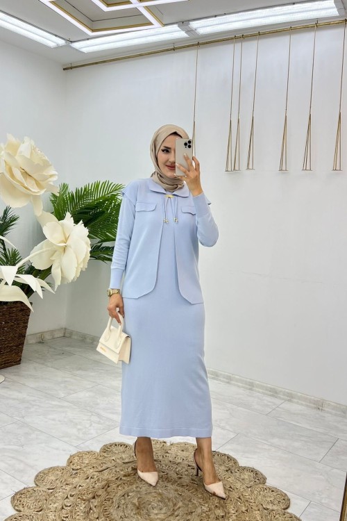 Buz Mavi Bade Triko Takım Tesettür Giyim Açık Mavi