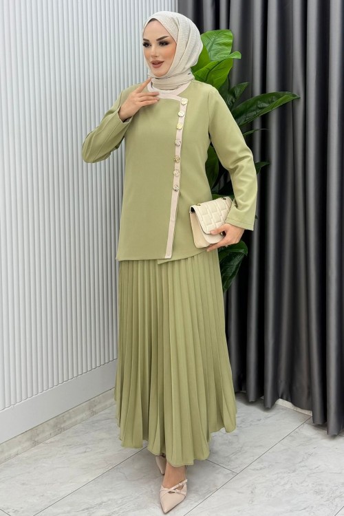 Çağla Yeşili Rabia Etek Takım Tesettür Giyim Çağla