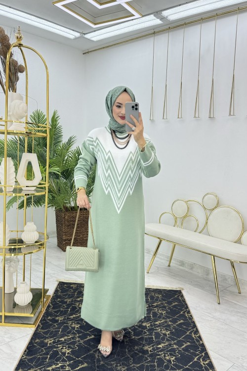 Çağla Zikzak Triko Elbise Tesettür Giyim Çağla