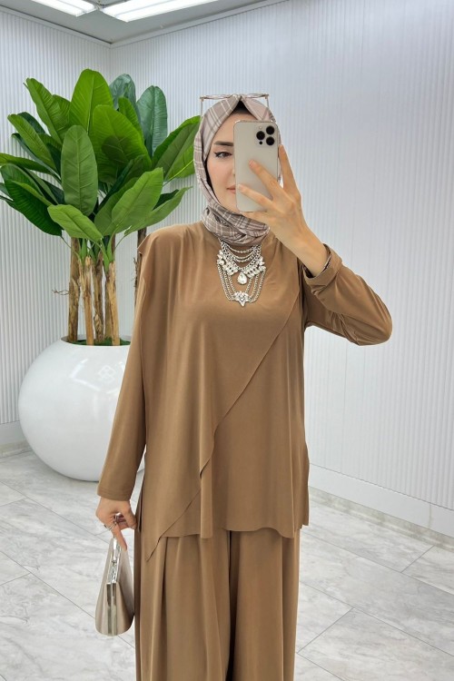 Camel Asimetrik Takım Tesettür Giyim Camel