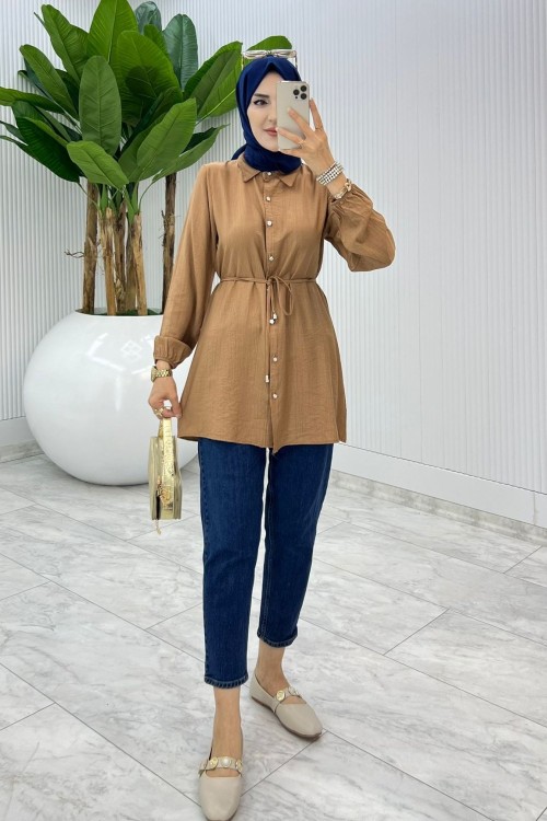 Camel Bağcıklı Gömlek Tesettür Giyim Camel