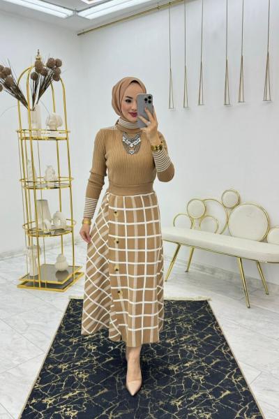 Camel Ekose Triko Takım Tesettür Giyim  Camel