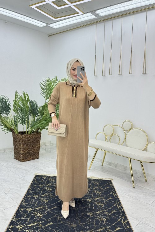 Camel Emsal Triko Elbise Tesettür Giyim Camel