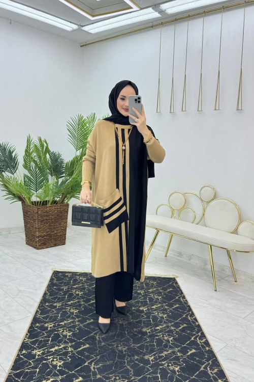 Camel Kübra Triko Panço Tesettür Giyim Camel