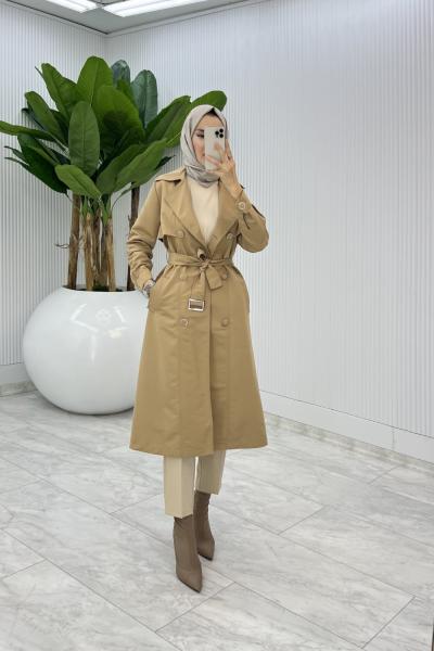 Camel Premium Astarlı Eylem Trench Tesettür Giyim  Camel