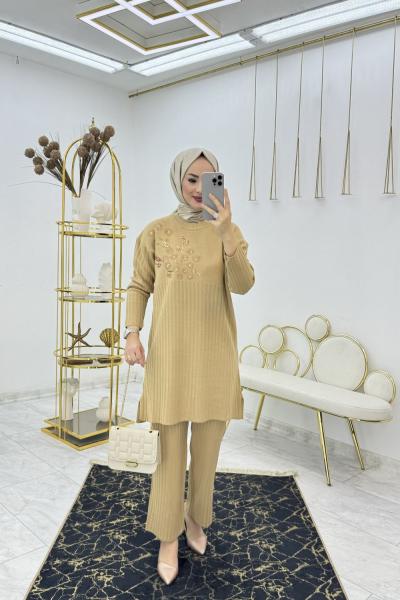 Camel Pullu Triko Takım Tesettür Giyim Camel