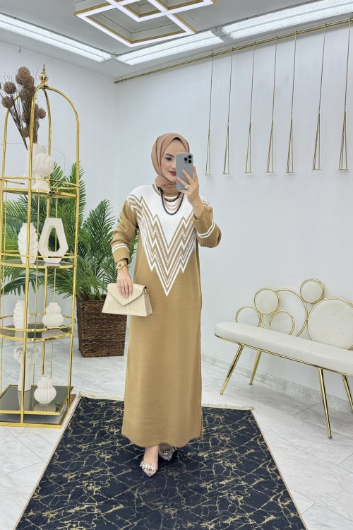 Camel Zikzak Triko Elbise Tesettür Giyim Camel