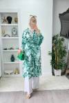 Çiçekli Yeşil Kimono Tesettür Büyük Beden Kuşaklı