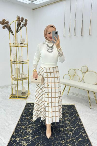 Ekru Ekose Triko Takım Tesettür Giyim  Ekru