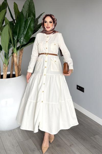 Ekru Premium Kemerli Melisa Kot Elbise Tesettür Giyim Ekru