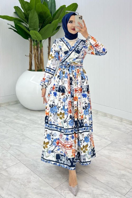 Etnik Etek Takım Tesettür Giyim Mavi