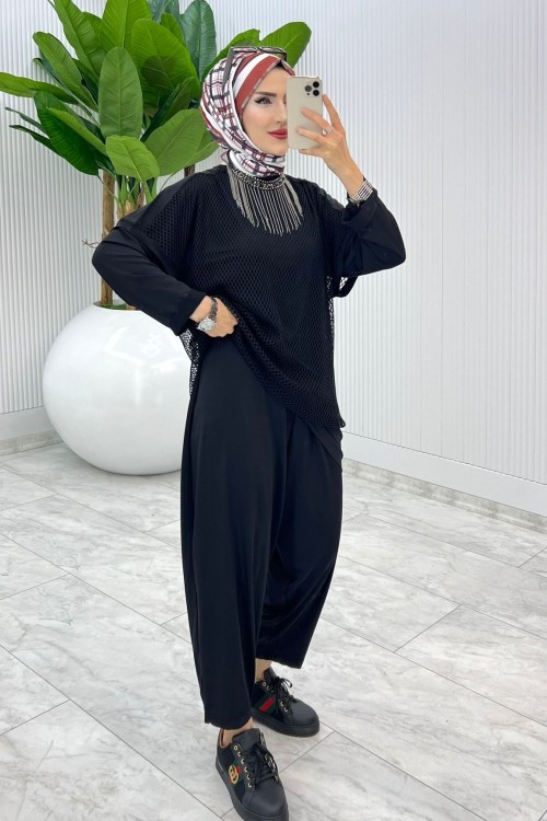 Fileli Üçlü Takım Tesettür Giyim Siyah
