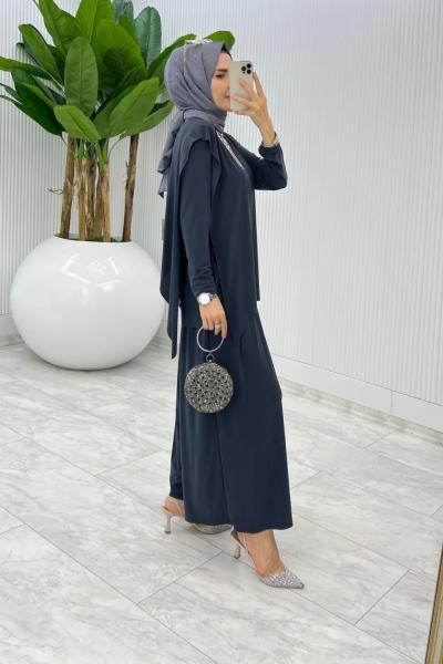 Füme Asimetrik Takım Tesettür Giyim Füme