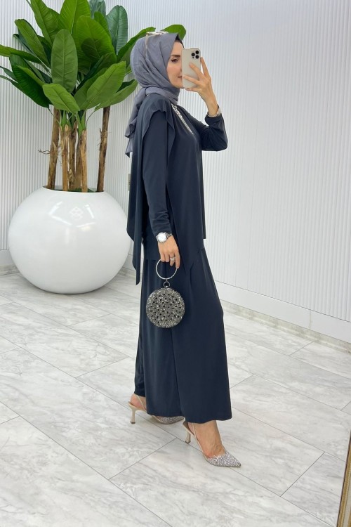 Füme Asimetrik Takım Tesettür Giyim Füme