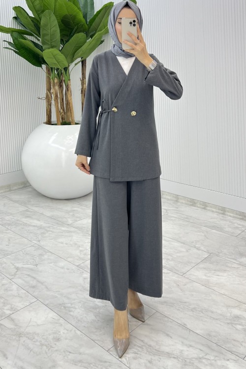 Füme  Güler Pantolonlu Takım Tesettür Giyim  Füme