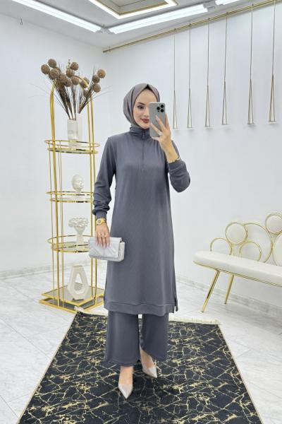 Füme Hazan Takım Tesettür Giyim Füme