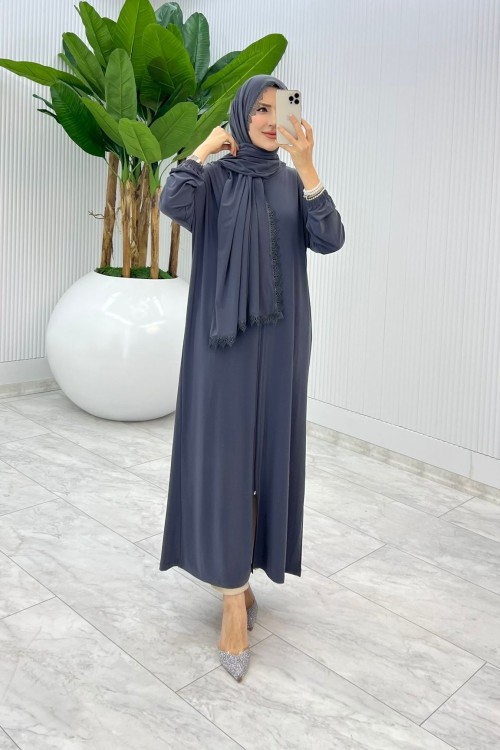 Füme Medine Ferace Elbise Tesettür Giyim Füme