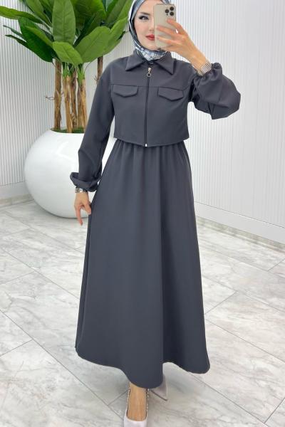 Füme Oylat Elbise Tesettür Giyim Füme