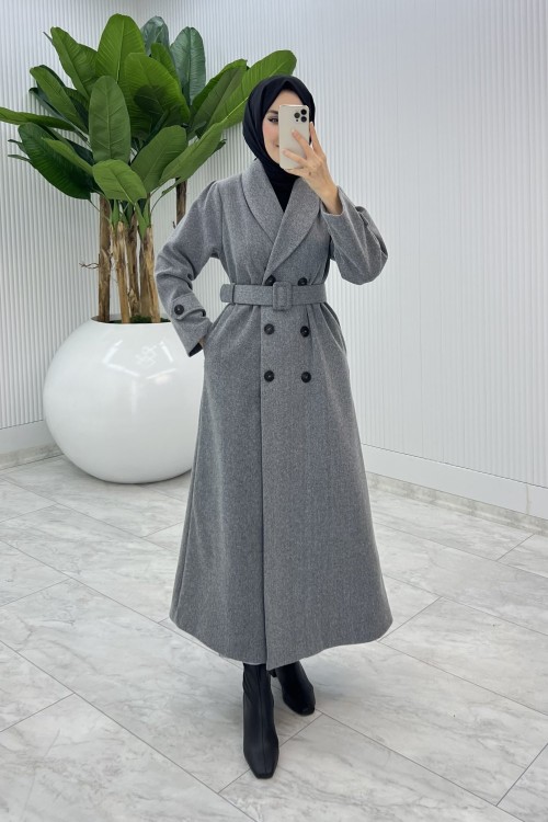 Füme Premium Kaşe Kaban Tesettür Giyim  Füme