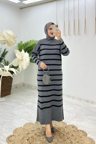 Füme Ülkü Triko Elbise Tesettür Giyim Füme