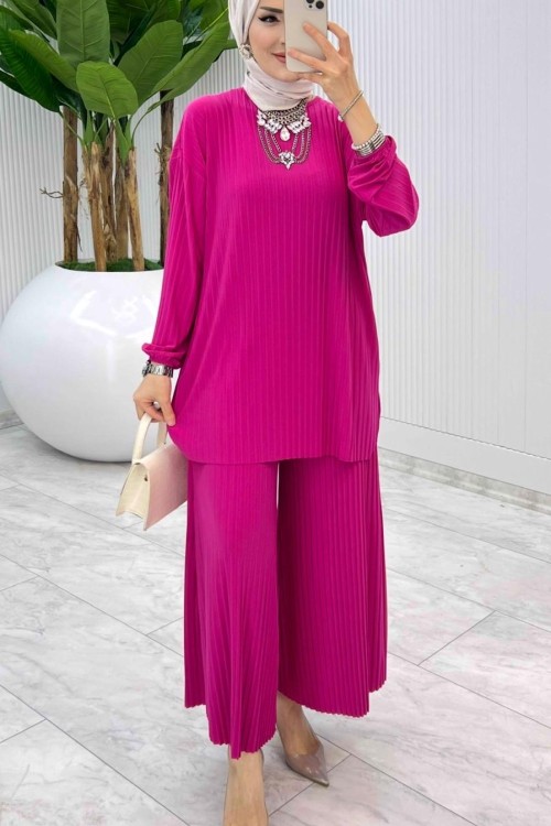 Fuşya  Bilge Pantolon Takım Tesettür Giyim Fuşya