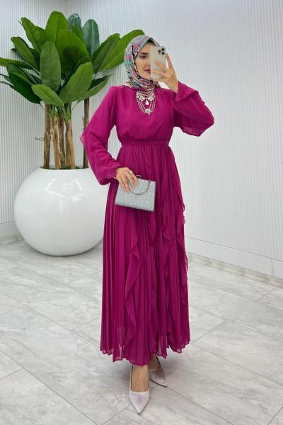 Fuşya Premium Manolya Elbise Tesettür Giyim Fuşya