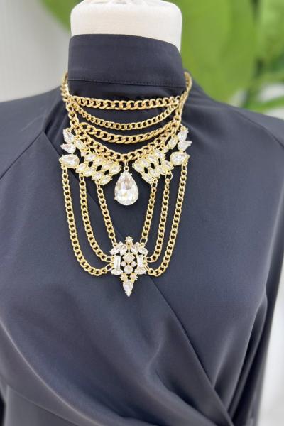 Gold Tasarım Çelik Taşlı Fırınlanmış Gerdan Kolye Gold