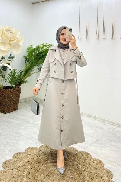 Gri Astarlı Almira Trench Takım Tesettür Giyim Gri