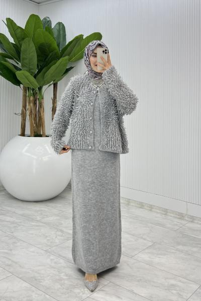Gri Başak Triko Takım Tesettür Giyim  Gri