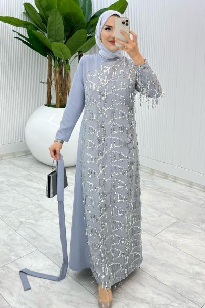 Gri Bihter Tasarım Elbise  Tesettür Giyim Gri