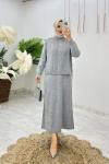 Gri  Damla Triko Elbise Takım Tesettür Giyim  Gri
