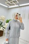 Gri  Damla Triko Elbise Takım Tesettür Giyim  Gri