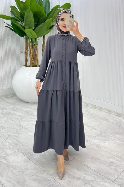 Gri Dantelli Elbise Tesettür Giyim Gri