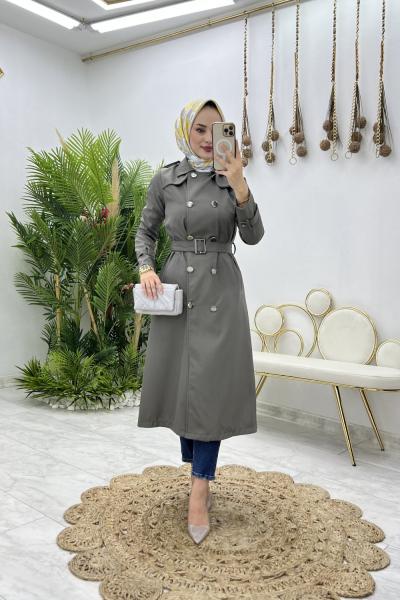 Gri Dubai Trench Tesettür Giyim Gri