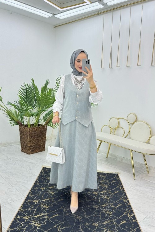 Gri Efsun Etek Takım Tesettür Giyim Gri