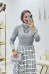 Gri Ekose Triko Takım Tesettür Giyim  Gri