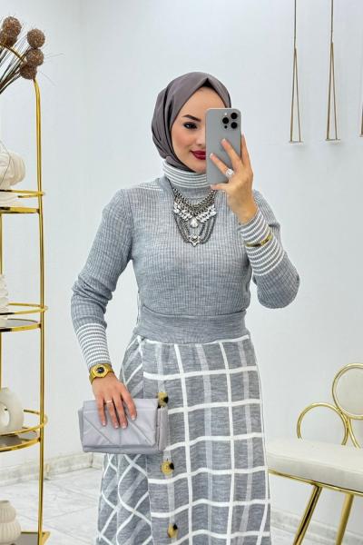 Gri Ekose Triko Takım Tesettür Giyim  Gri