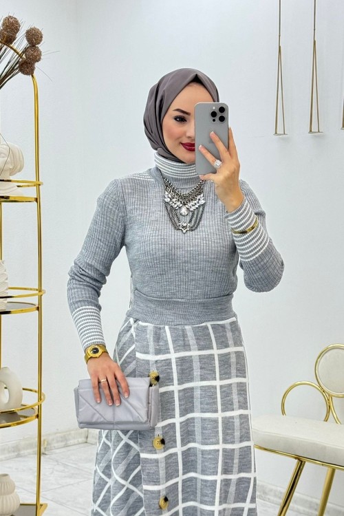 Gri Ekose Triko Takım Tesettür Giyim  Gri
