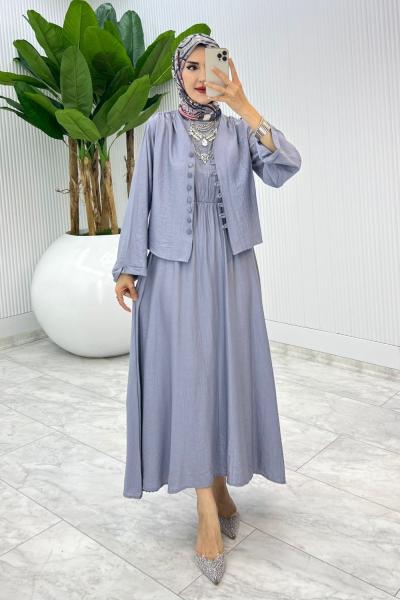 Gri Halime Elbise Takım Tesettür Giyim Gri