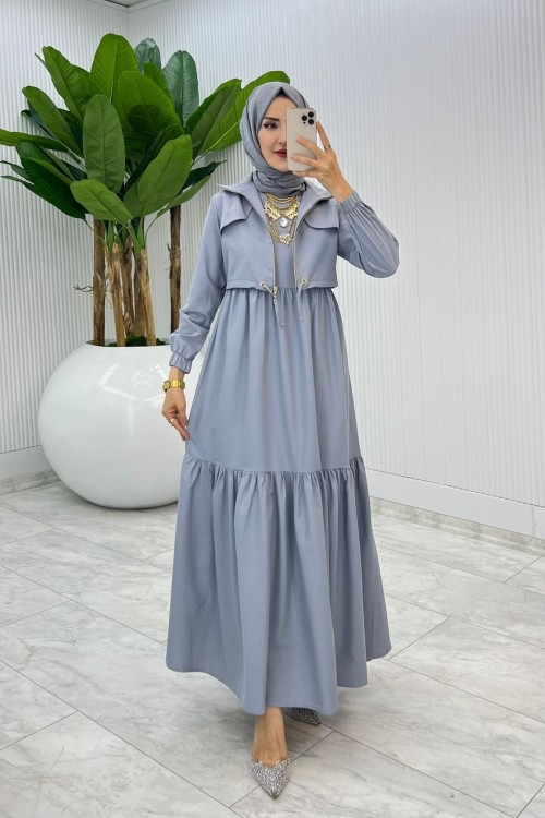 Gri Hicran Elbise Takım Tesettür Elbise  Gri
