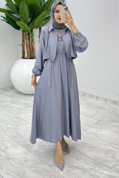 Gri Jale Elbise Takım Tesettür Giyim Gri