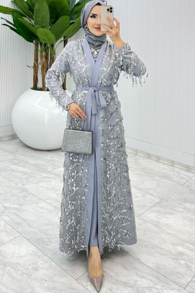Gri Karen Tasarım Abaya Takım Tesettür Giyim Gri