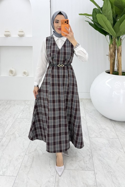 Gri Leyla Ekose Jile Tesettür Giyim  Gri