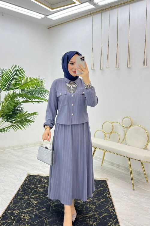 Gri Matmazel Etek Takım Tesettür Giyim Gri