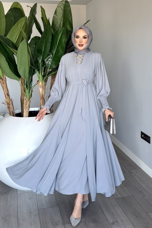 Gri Meşk Abaya Takım Tesettür Giyim  Gri