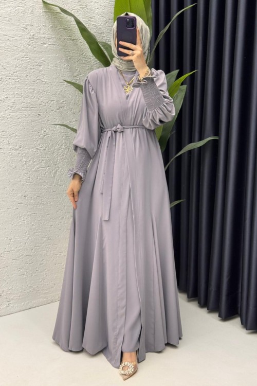 Gri  Mihra  Abaya Takım Tesettür Giyim  Gri