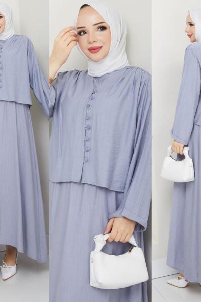Gri Modadüğme Elbise Takım Tesettür Giyim Gri
