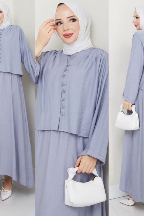 Gri Modadüğme Elbise Takım Tesettür Giyim Gri